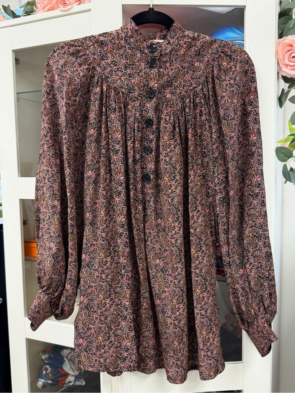 Vanessa Bruno Floral Print Mini Tunic Top High Button Collar Sz 36 Cottagecore